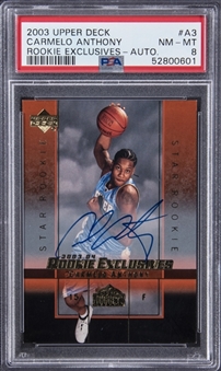 2003-04 Upper Deck "Rookie Exclusive Autographs" #A3 Carmelo Anthony Signed Rookie Card - PSA NM-MT 8